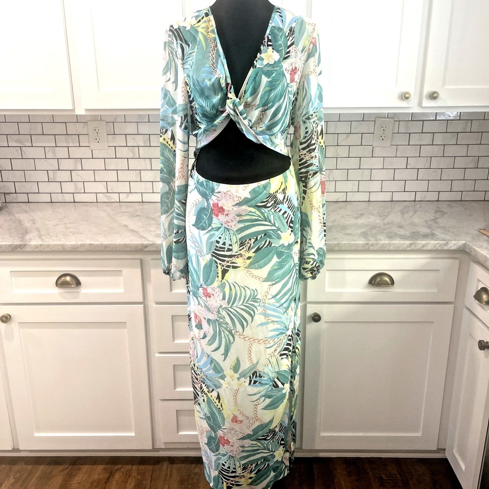 Shein Curve Maxi Dress Womens 2XL Blue Floral Tropical Bare Mid Section Beach